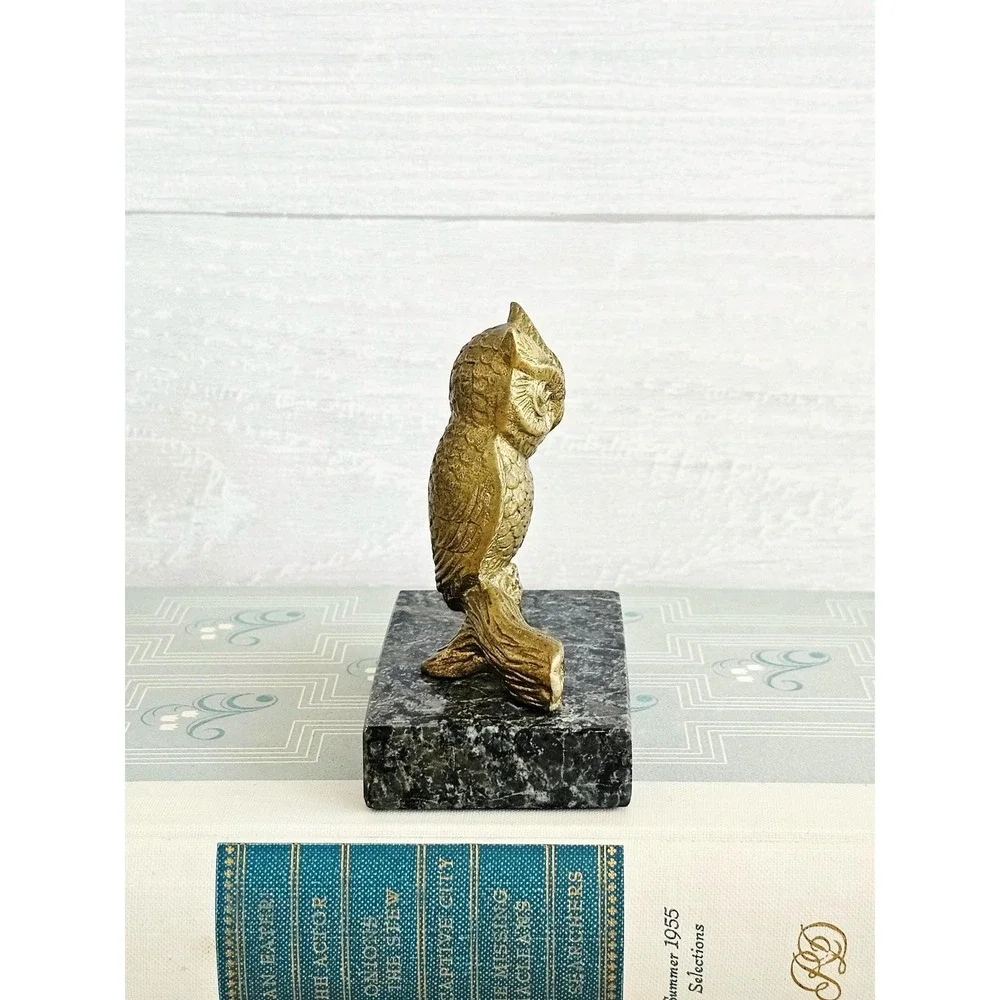 Vintage Solid Brass Owl on Branch on Black & Green Marble Base Paperweight